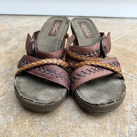 Y2K Skechers Leather Braide Modiste Electric Bond Chocolate Cork Wedge Sandals 8 - Picture 3 of 14